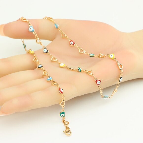 Rose Gold Plated Heart & Multicolor Evil Eye Necklace, XPNL0276 - Picture 3 of 12
